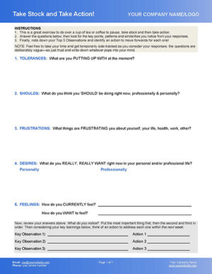 Take Stock and Take Action Life Coaching Worksheet & Tool