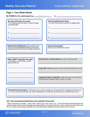 Week Planning Tool Form for Life Coaching Toolkit - Page 1
