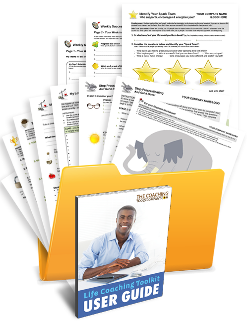 Life Coaching Toolkit in folder with user guide in front!