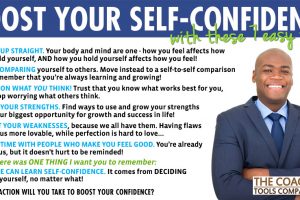 7 Tips to Boost Your Confidence Graphic with Confident Coach wearing suit
