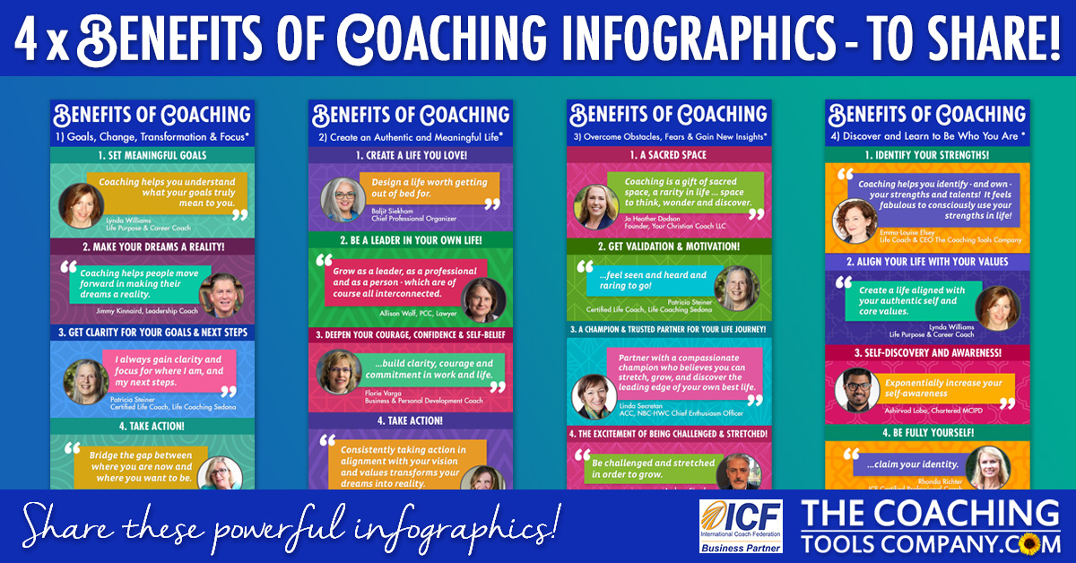 4 Benefits of Coaching Infographics on Blue background