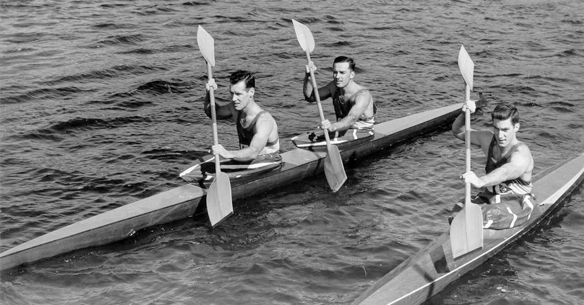 Canada's Olympic Kayak Team in 1960. Lou Lukanovich is stern (middle of picture) with Mike Brown and Al McCleery.